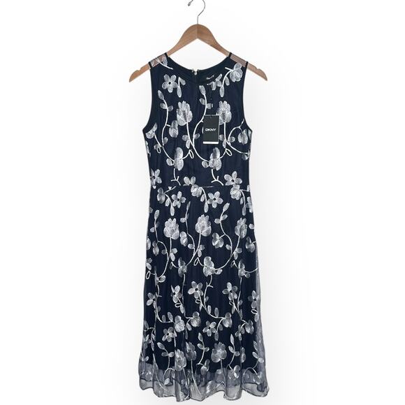 New $160 DKNY Sleeveless Floral Midi Dress Embroidered Tapestry Wedding Cocktail - Picture 8 of 12